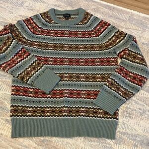 J. Crew Men's Green and Red Lambswool fair isle  Sweater